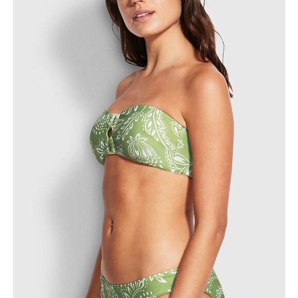 SEAFOLLY Bandeau Bra Bikini Top Women 6 Green Tea Floral Print Ring Details NEW - Picture 1 of 11